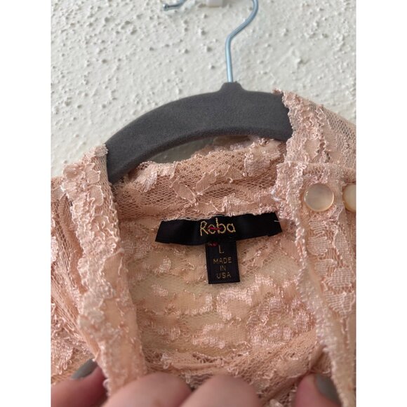 Reba Womens Tan Lace High Neck Short Sleeve Top L Rare - Picture 6 of 12